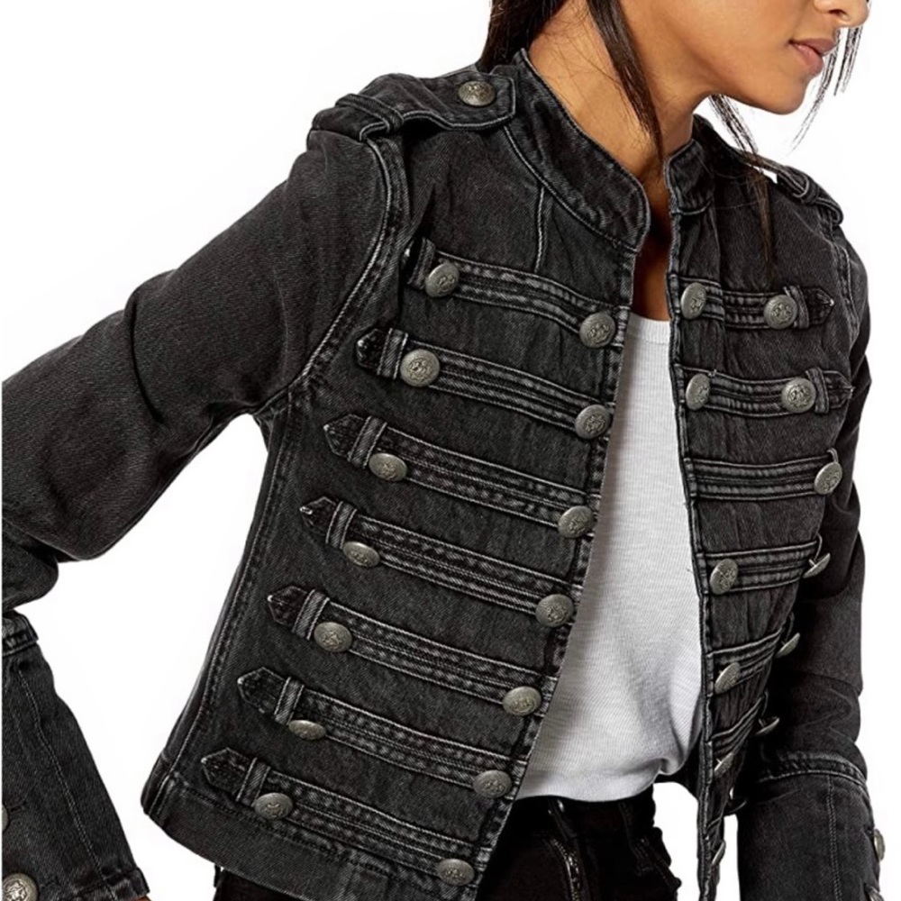 The Kooples Black Denim Military Jacket Metal Buttons Piping Size 3 Small sz 2/4